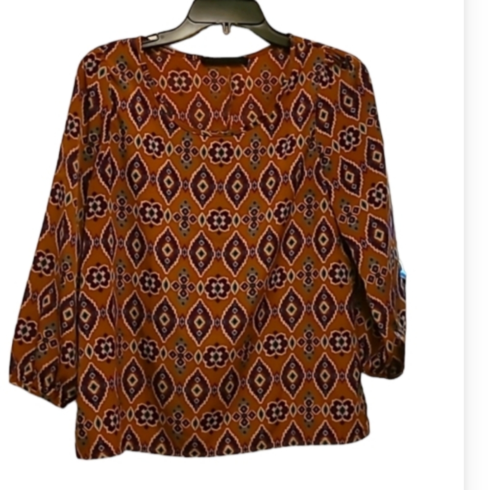 PEACHES AND CREAM Boho Pixelated Retro Top Blouse Short 3/4 Sleeve